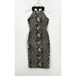 KAREN MILLEN Python Printed Halter Sheath Dress Womens 4 Black Cream Sleeveless